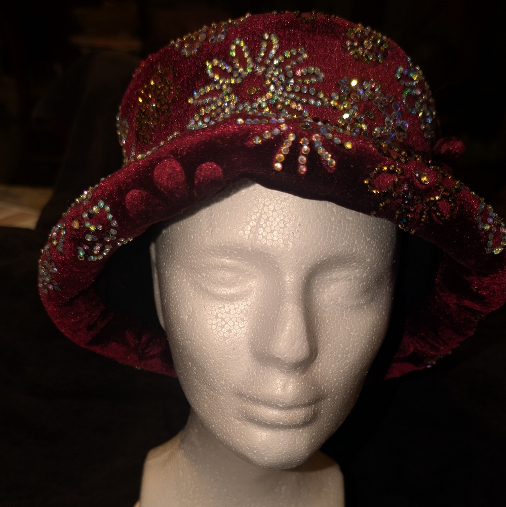 A burgundy velvet hat embellished with glass and Swavorsky crystal gems. - Picture 9 of 11